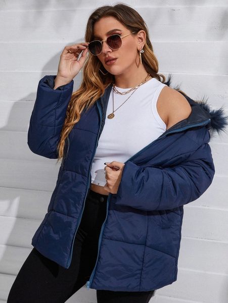 

plus fuzzy trim hooded puffer coat i5zb#, Black