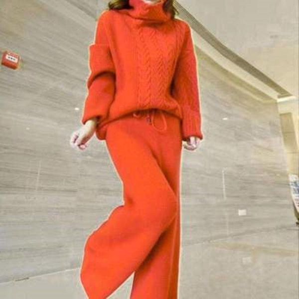 

women's two piece pants 2021 winter fashion women thicken warm knitted two-piece suits pullover sweater + high waist loose wide leg set, White