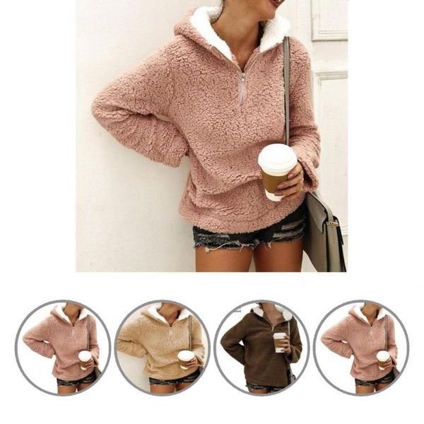 

women's hoodies & sweatshirts plush stylish zipper neck pure color hoodie autumn winter shaggy sweatshirt loose outerwear, Black