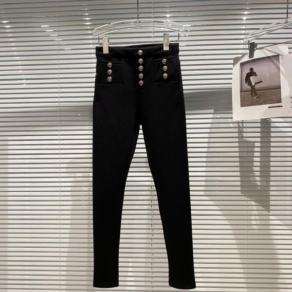 

2021 New Female Winter Arrival Fashion Three Line Silver Elastic Button Waist High Casual Teddy Thin Black Pants L5v7, Black;white