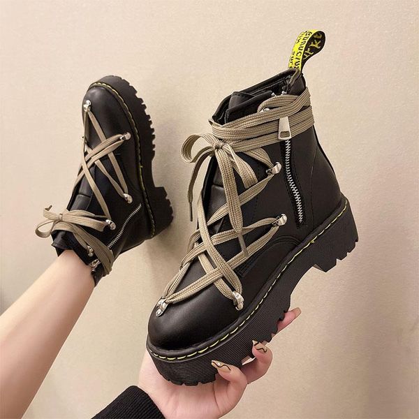 

boots lace up women's rubber flat heel round toe shoes luxury designer rain rock ladies ankle fashion med lolita basic pu lace-u, Black