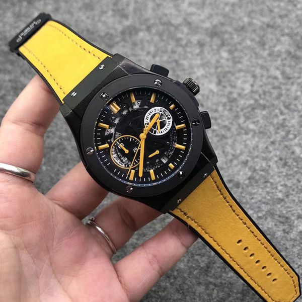 

0-2men satch wristwatch 40 mm quartz movement, date calendar all work dial leather strap watch men's outdoor sports business, Slivery;brown