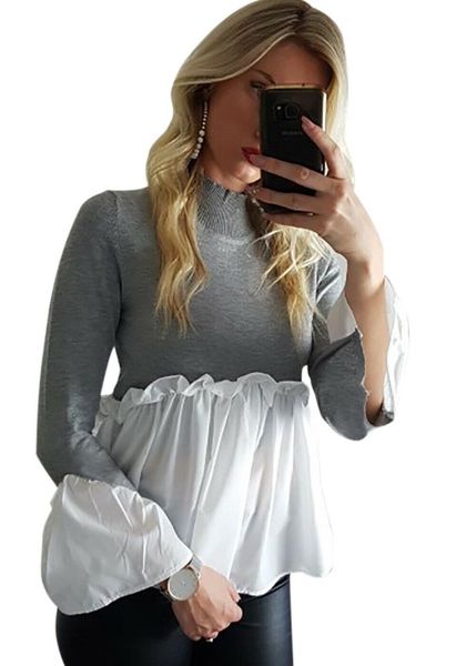 

women long sleeve shirts casual women's frill ruffle shirts loose pullover high neck loose patchwork women clothing winter 2021, White