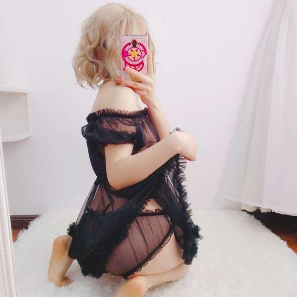

women's sleepwear honeymoon lingerie cute girl powder mesh perspective strap nightdress temptation underwear suit nightgown, Black;red