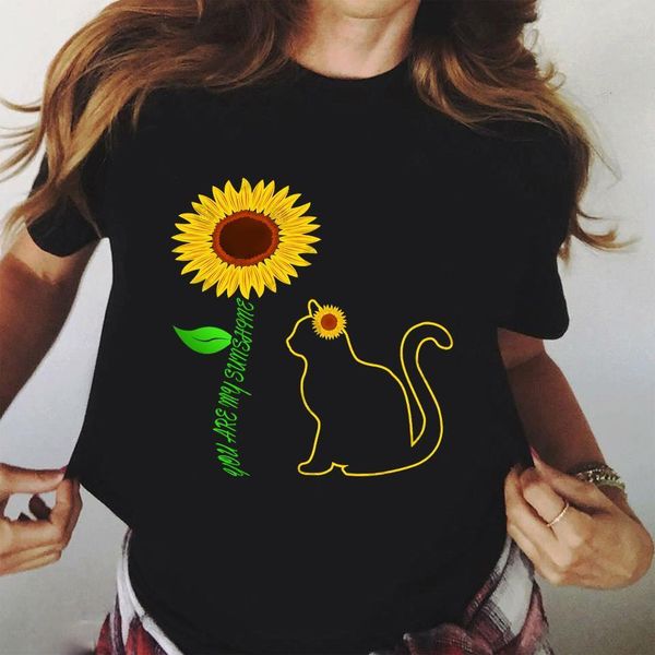 

femme t shirt sunflower and cat print summer women t-shirts harajuku female t shirt o neck tees summer clothes for women 2021, White