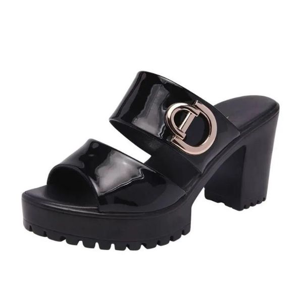 

sandals style thick heel women patent leather waterproof female, Black