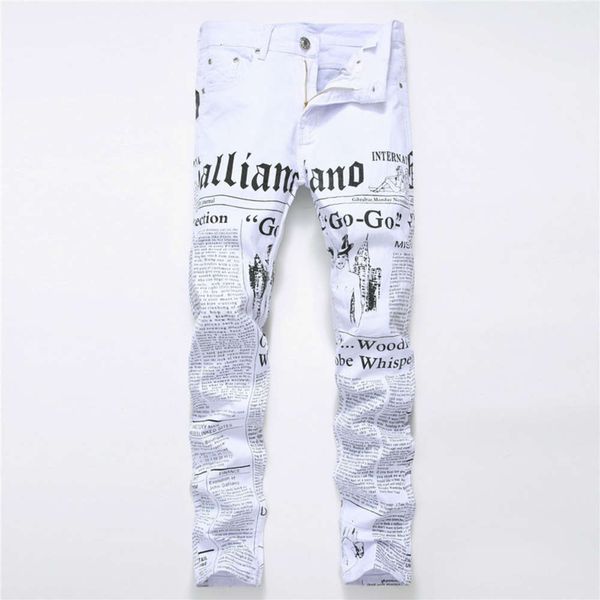 

new men's jeans newspaper letter print casual slim pants 582, Blue