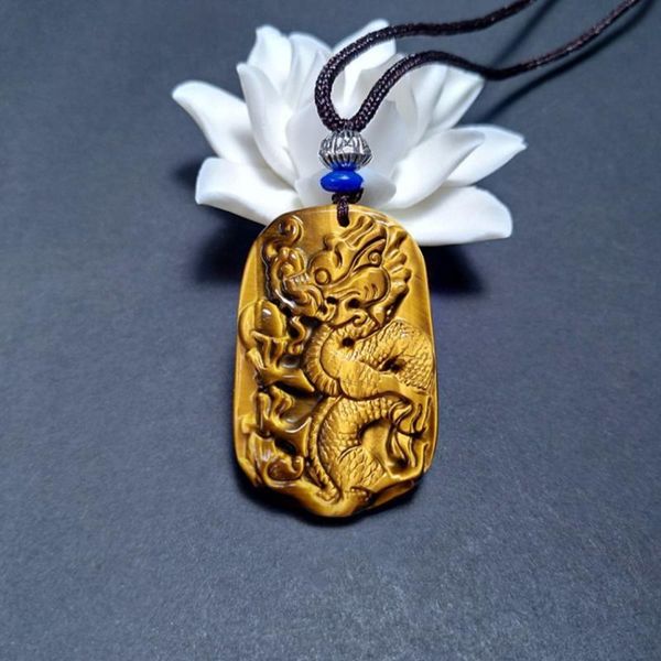 

pendant necklaces fyjs unique natural tiger eye stone engraved chinese dragon handmade weave rope chain necklace classic jewelry, Silver