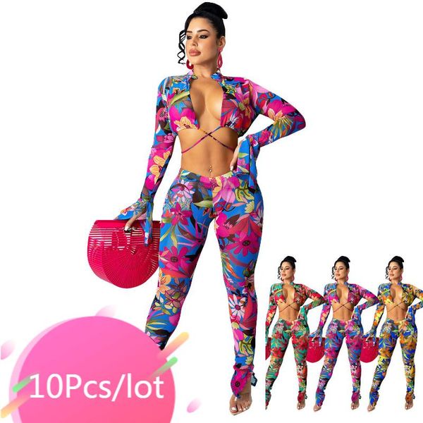 

women's two piece pants bulk items wholesale lots outfits women floral print bandage lace up crop skinny sets clubwear fall, White