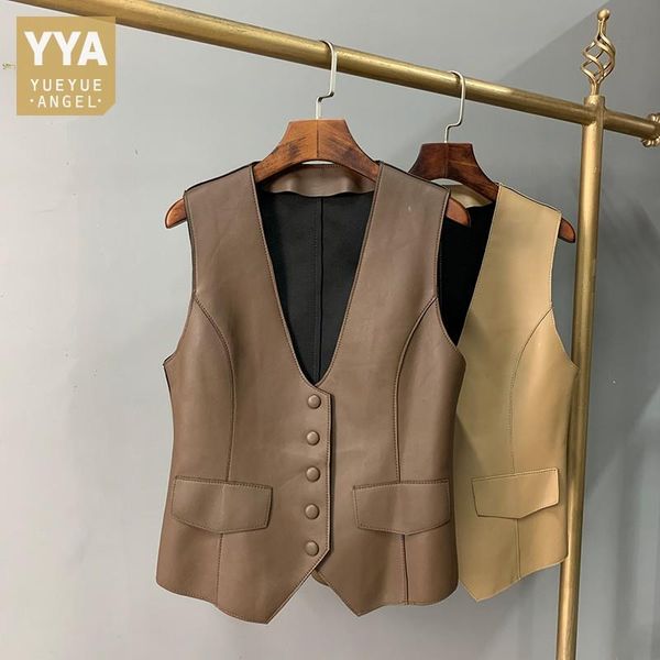 

women's vests 100% sheepskin genuine leather vest women single breasted v neck sleeveless short jacket office ladies slim fit waistcoat, Black;white