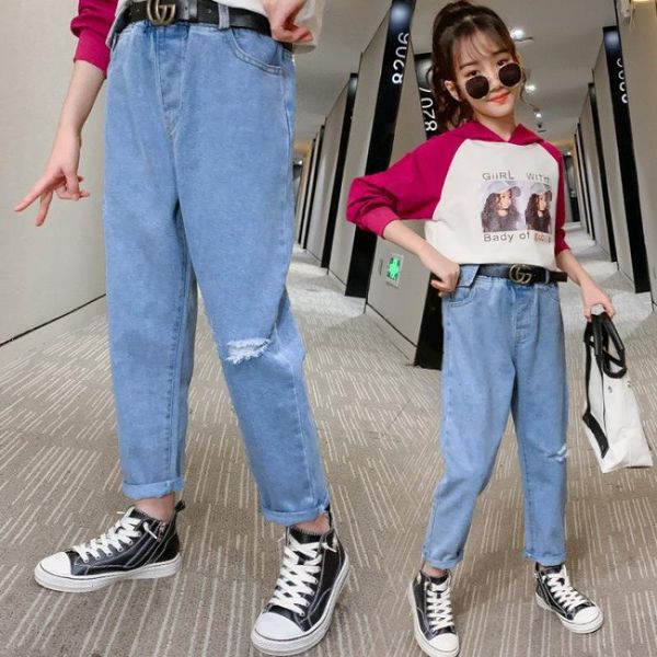 

children trousersteen student girls jeans kids denim pants casual jeans for girls pants elastic waist outside, Blue