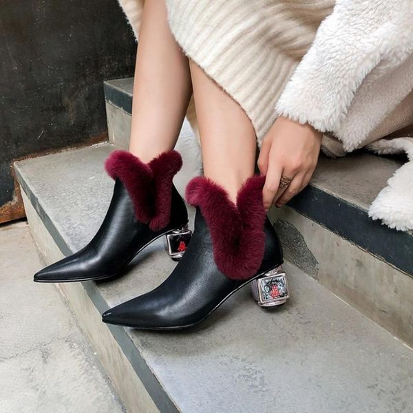 

boots womens pointy toe real fur ankle genuine leather strange square heel warm winter shoes plus size 2021, Black