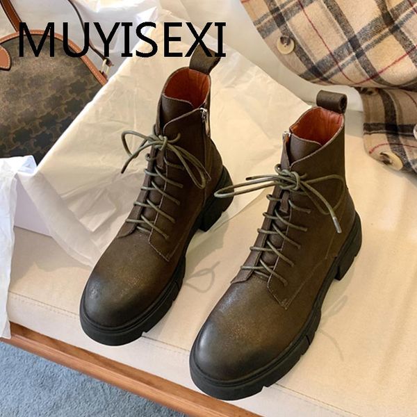 

boots women natural leather round toe 4cm med heels cross-tied lace up side zip pretty girls dating classic style qqj06 muyisexi, Black