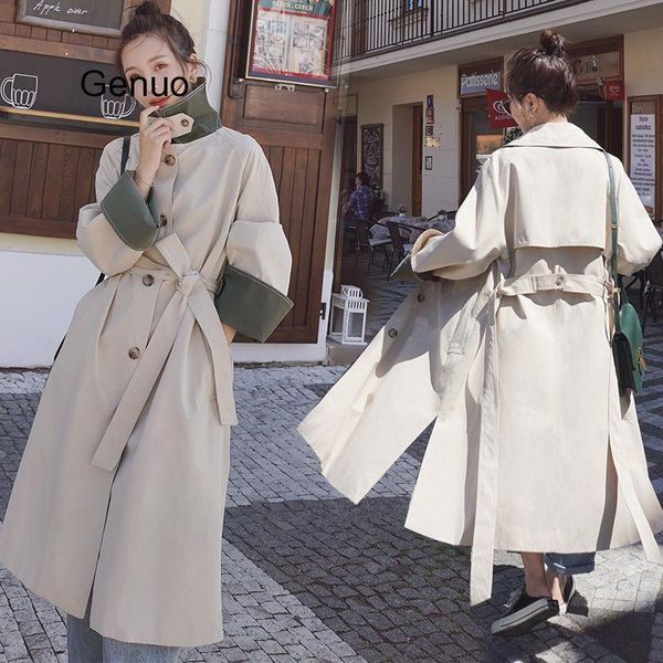 

women's trench coats korean style windbreaker single breasted patchwork color mid length with belt coat women outerwear autumn rompevie, Tan;black
