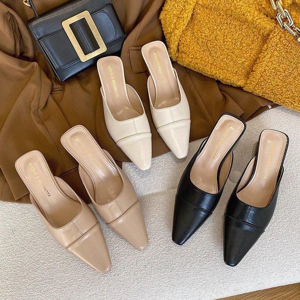 

slippers 2021 summer fashion women 5cm beige high heels closed toe block slides mules outdoor sandals party shoes, Black