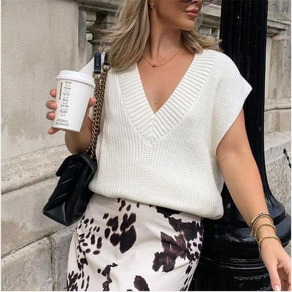

sweater vests fall winter loose casual sweater vest sleeveless v neck knitted wear solid color female white /black tank, Black;white