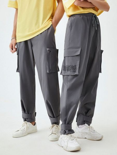 

1pc letter graphic flap pocket side drawstring cargoÂ pants w3bd#, Black