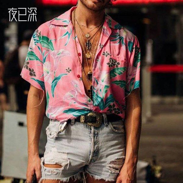 

2021 spring floral loose men's short sleeve shirt casual type, Gray;blue