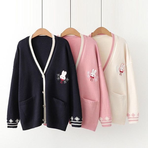 

women's knits & tees fresh fall kawaii sweater japan style age-reducing v-neck embroidery cute knitted cardigan 2021 sueter mujer aut, White