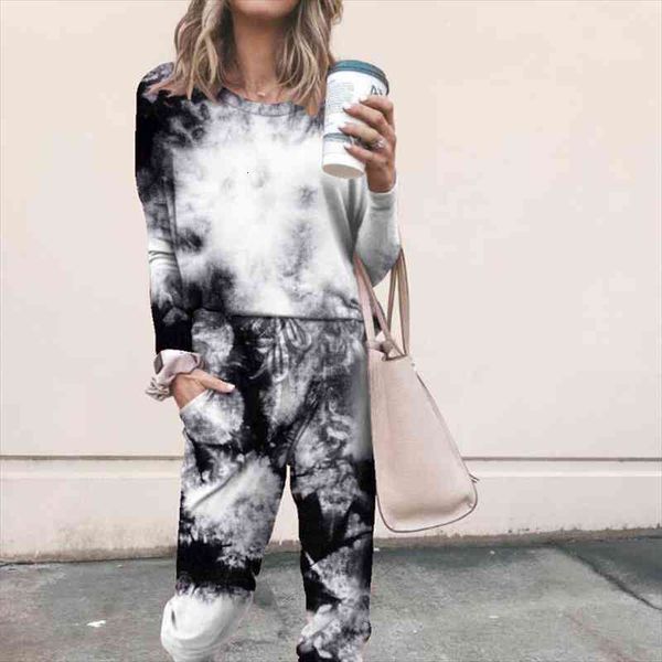 

tie dye printed casual womenpant 2 piece set spring long sleeve women home wear suit female outfits fashion ladies lounge, White