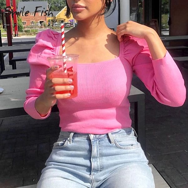 Vintage Retro Sexy Short Crop Top Solide Herbst Frauen Shirts Lange Puffärmel T-shirts Fit Slim Gestrickte T-shirts Rosa T-Shirts G1055 210302