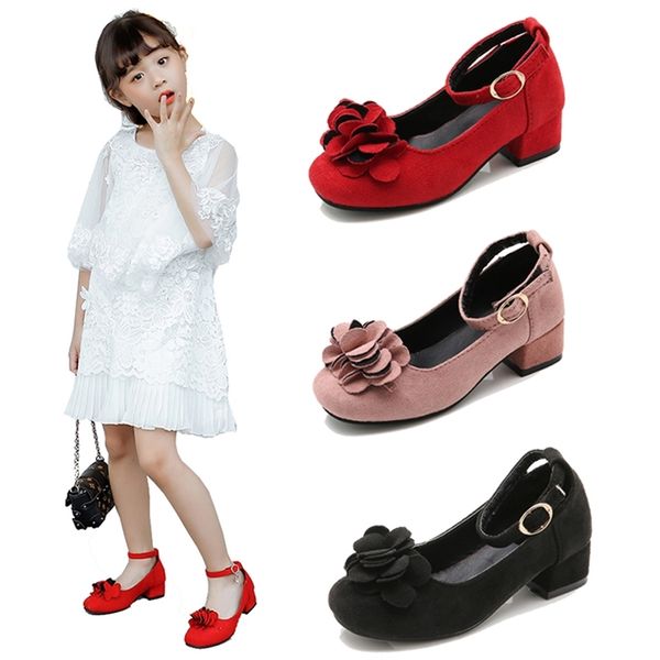 Calçados de couro cor-de-rosa vermelho preto das meninas das meninas para crianças sapatos de princesa dos meninas do salto alto para o casamento e os sapatas do vestido de partido meninas 3-15T 210306