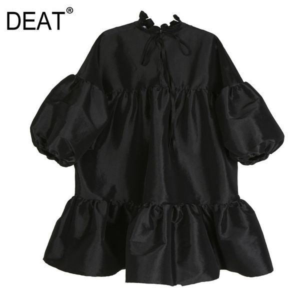 

[deat] 2021 new autumn winter stand collar long puff sleeve black loose hem ruffels stitch loose dress women fashion tide jk85 210303, Black;gray
