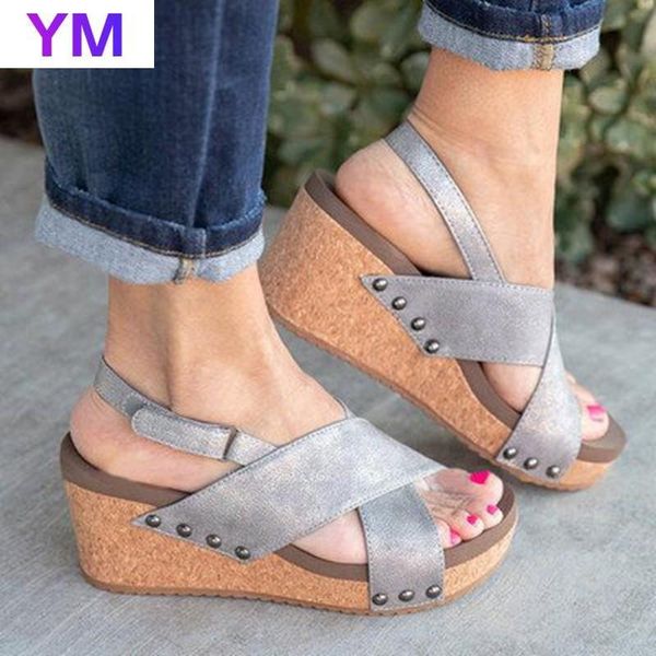 

new style fashion wedges heel sandals fashion round toe open toe buckle strap female sandals outdoor casual, Black