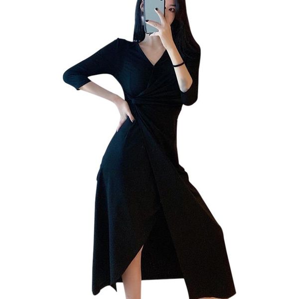 

women's long dress spring autumn solid slim waist temperament split dress light mature feminine holiday vestido mujer de moda, Black;gray