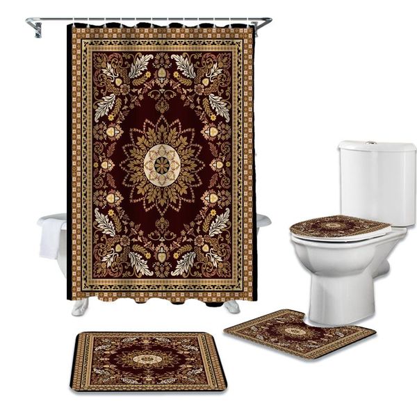

shower curtains carpet oriental texture print curtain bathtub decor rug waterproof bathroom toilet cover mat set