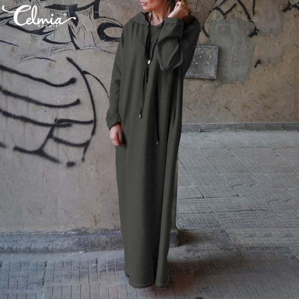 

casual dresses celmia women hoodies long dress 2021 autumn winter sleeve maxi loose solid sweatshirt vestidos plus size 5xl, Black;gray