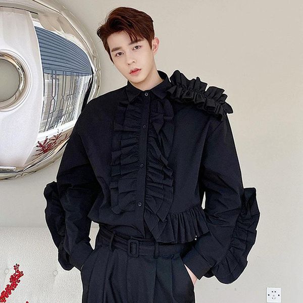 

men's casual shirts men lace side splice long sleeve white black male japan fashion show vintage loose stage clothing