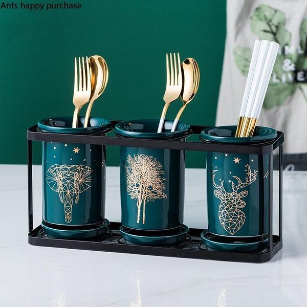 

storage bottles & jars green ceramic chopsticks box three cylinder suit drain rack cutlery spoon kitchen supplies