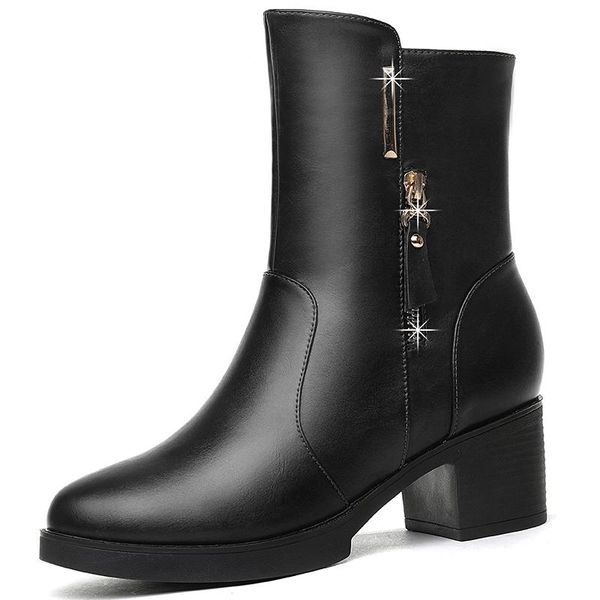

boots women ankle shoes zipper pu ladies with fur plus size heels black drop 2021