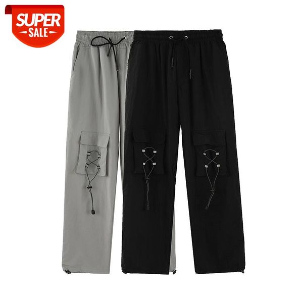 

original pockets lace up casual pants men and women loose drawstring straight cargo pants streetwear solid harajuku trousers #xh29, Black