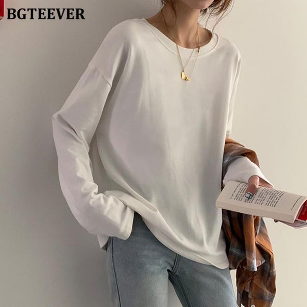 

women's t-shirt bgteever casual women t-shirts solid cotton female tees 2021 spring summer o-neck long sleeve pullovers femme plus siz, White