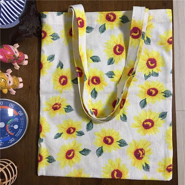 

shopping bags yile handmade cotton linen eco tote shoulder bag print yellow sunflower 17224-1