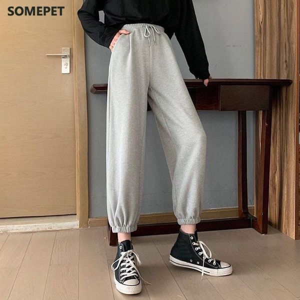

women high waist drawstring jogging pants plus size female new fashion solid color loose harem trousers ladies casual pants, Black;white
