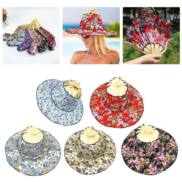 

wide brim hats 2021 foldable hand fan sun hat 2 in1 portable floral printed bamboo outdoor travel female seaside holiday sunhat summer caps, Blue;gray