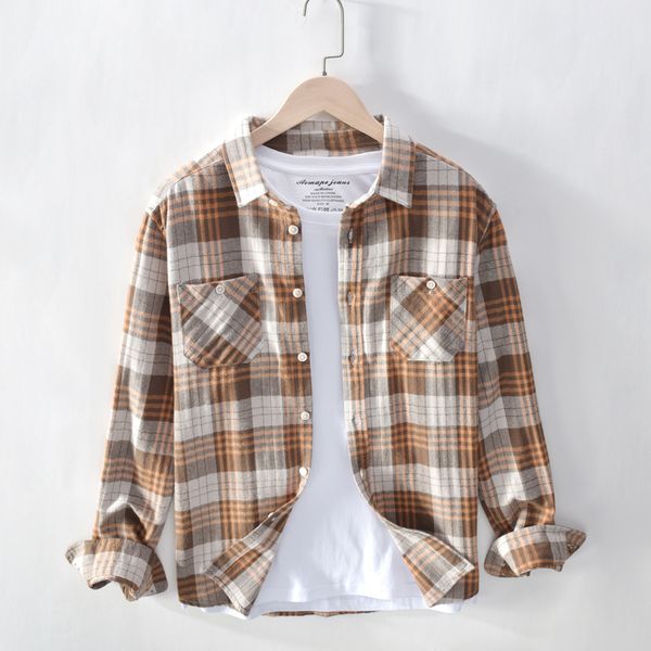 

2021 100% cotton long sleeve casual men's shirts plaid shirt fine leisure clothes with pocket in chest new autumn 8ybg, White