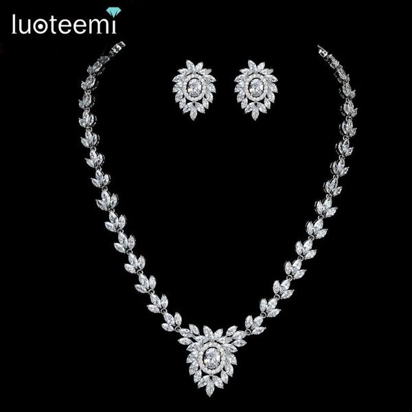 

luoteemi new noble jewelry sets white gold-color clear cz leaf and flower pendant necklace for women bridal wedding accessories gift, Silver