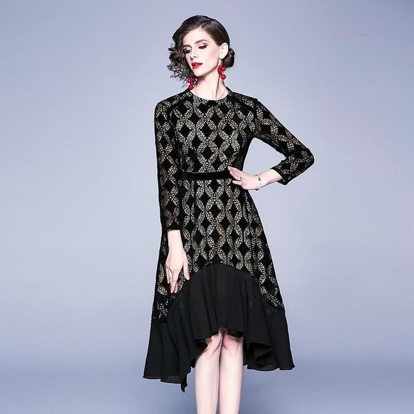 

casual dresses women's dress party lace girl's loose plus size summer long sleeve o-neck clothing a-line lady knee-length houthion, Black;gray