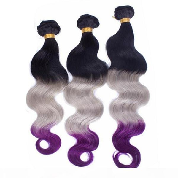

black roots grey and purple ombre virgin indian human hair weave wefts body wave #1b grey purple 3tone ombre human hair bundles deals
