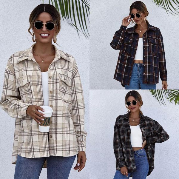 

new casual plaid women's blouse loose drop shoulder sleeve button lapel pocket high street style autumn warm shirt 2021, White