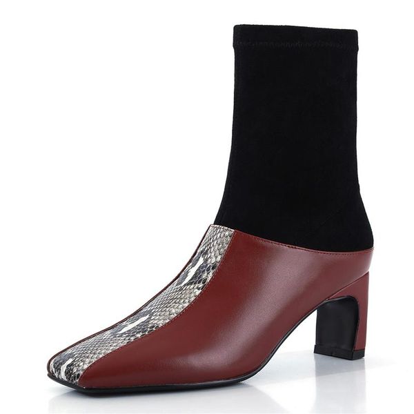 

boots fashion fall stitching leather ankle snake pattern thick heel women shoes zip square toe elastic fabric short booties, Black