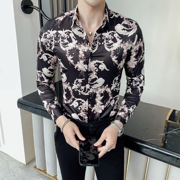 

2021 autumn mens vintage printed long sleeve shirt new fashion slim fit casual nightclub shirts men chemise homme vzc5, White;black