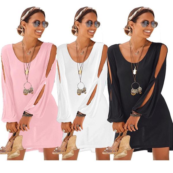 

women's swimwear summer fashion solid color deep v-neck loose strapless long-sleeved elastic waist pullover beach one-piece short skirt, White;black