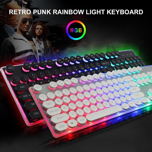 

104 keys gaming mechanical keyboard round keycap led illuminate glowing backlight usb wired gamer