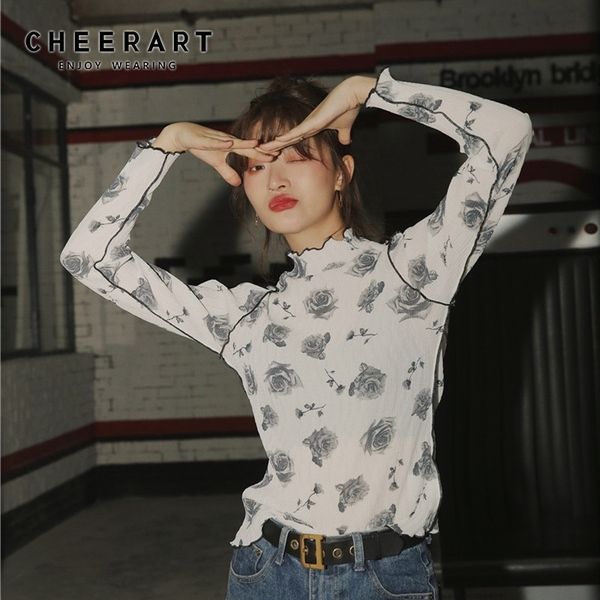 CHEERART Vintage T-shirt Langarm Top Blumendruck Weißes T-shirt Rollkragen Unterwäsche Frauen Koreanischen Stil Herbst 210310