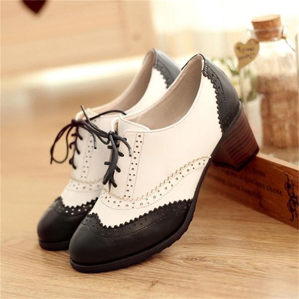 

dress shoes agodor women block high heel wingtip oxford lace up vintage pumps round toe retro classic, Black